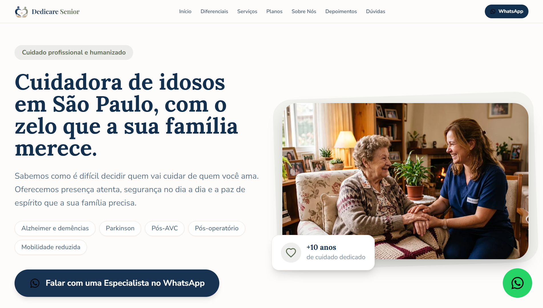 Landing page profissional criada para a Dedicare Senior, serviço de cuidadores de idosos 1